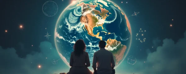 Représentation symbolique de l'astrologie amoureuse guidant les rencontres internationales