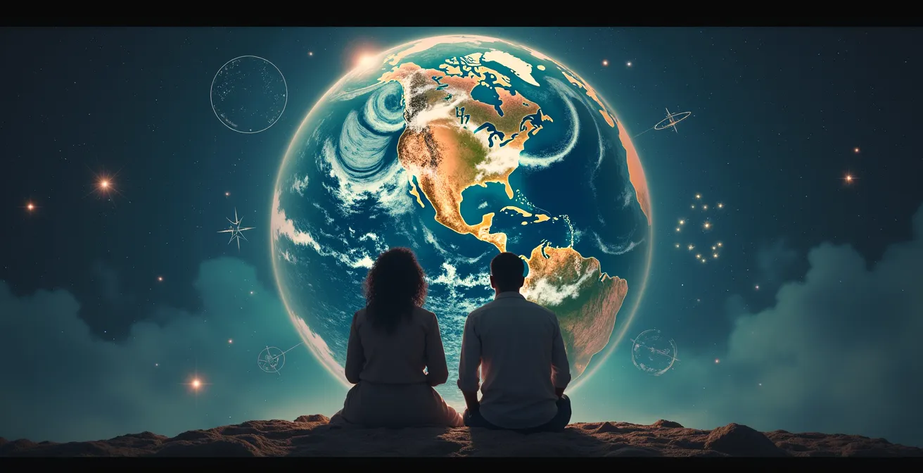 Représentation symbolique de l'astrologie amoureuse guidant les rencontres internationales