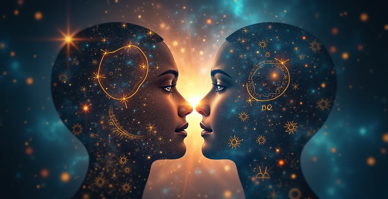 Illustration conceptuelle de cartes composées astrologiques montrant l'interaction entre deux thèmes